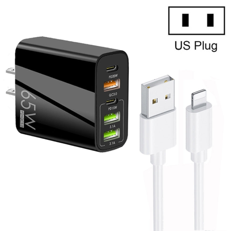 65W Dual PD Type-C + 3 x USB Multi Port Charger with 3A USB to 8 Pin Data Cable, US Plug, US Plug + USB to 8 Pin Cable